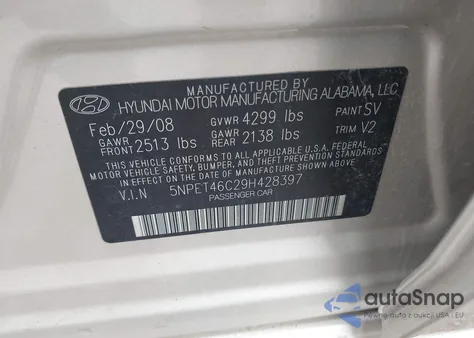 2009 Hyundai Sonata Gls z USA, uszkodzony, nr VIN 5NPET46C29H428397